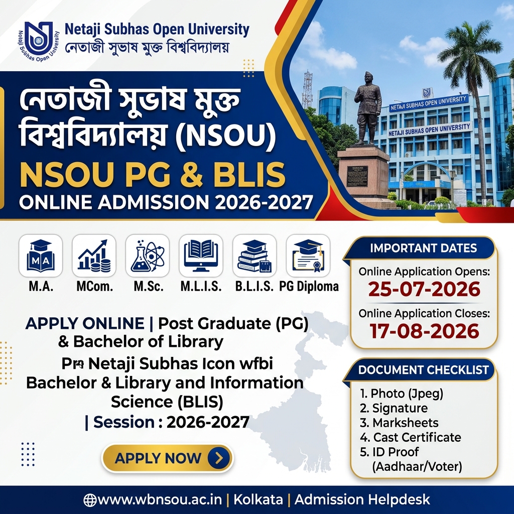 NSOU PG & BLIS Online Admission 2026-2027 (MA, M.Com, M.Sc, MLIS, BLIS, PG Diploma) Banner